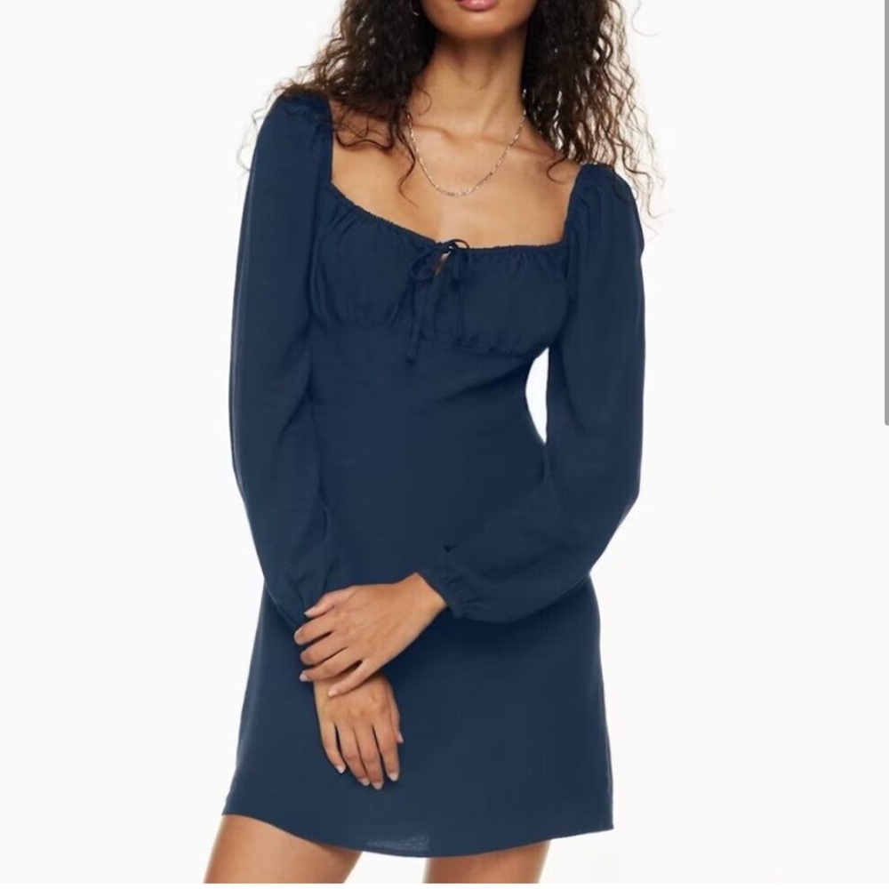 Aritzia Sunday Best Delilah Long Puff sleeve Mini Dress Navy Blue Size Large